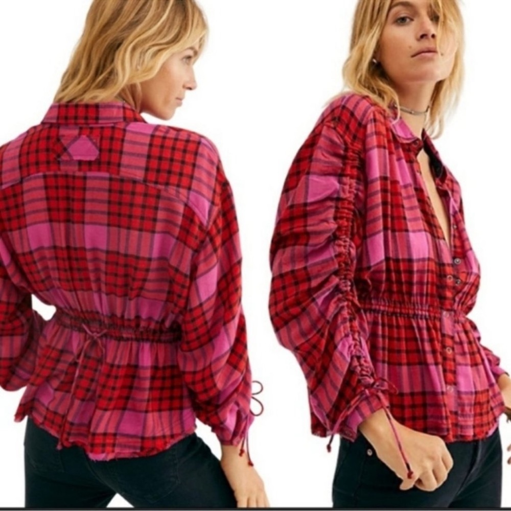 NWT Free People Pacific Dawn Red Plaid Raw Hem Snap Front  Shirt XS